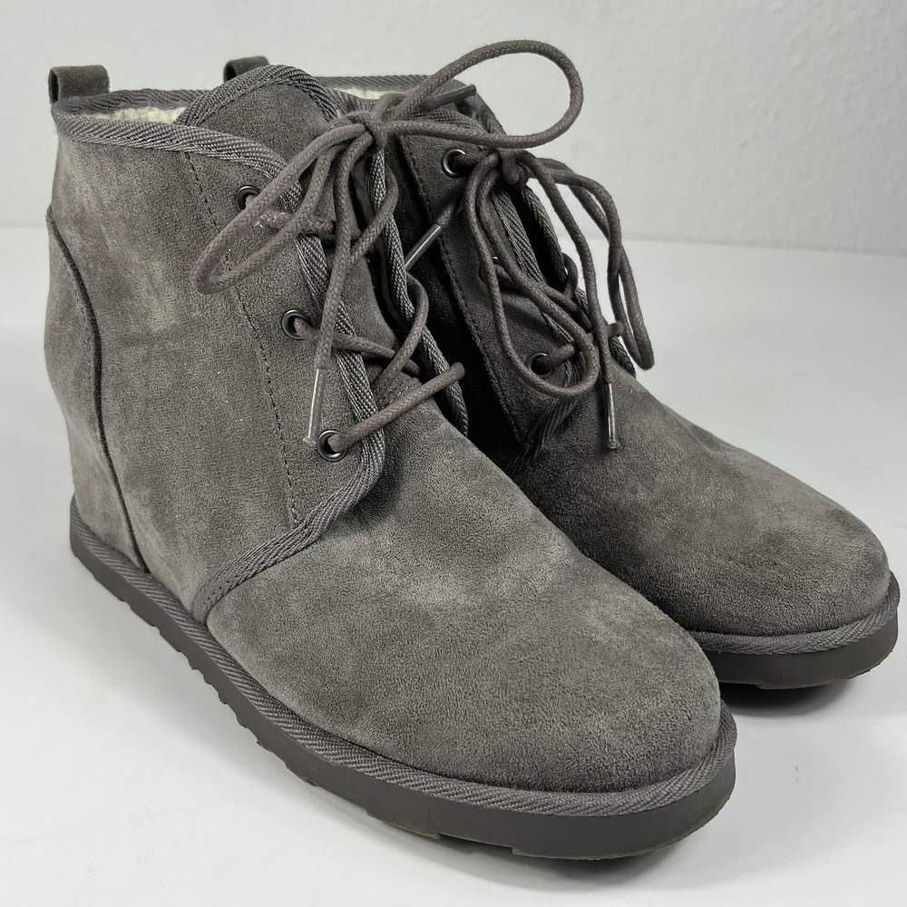 Cushionaire Kira Booties Hidden Wedge Faux Suede Fur Lined Grey Women's 7.5M